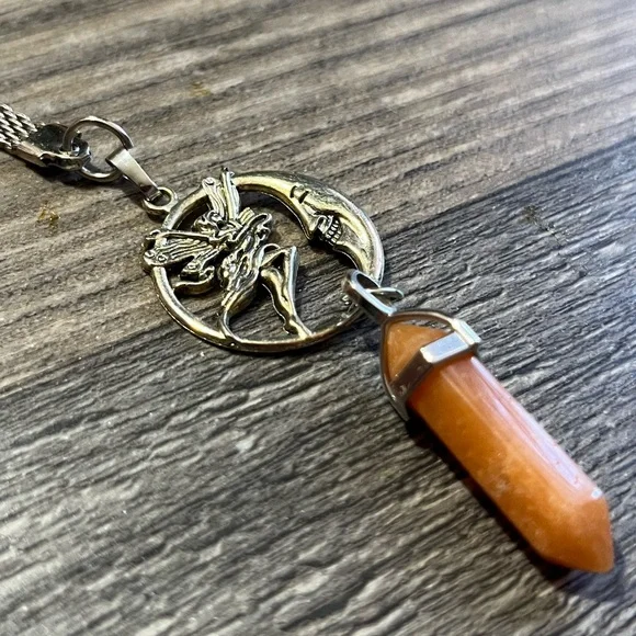 Silver-Tone Fairy & Crescent Moon Pendant Necklace with Orange Stone - fairycore - Picture 2 of 5